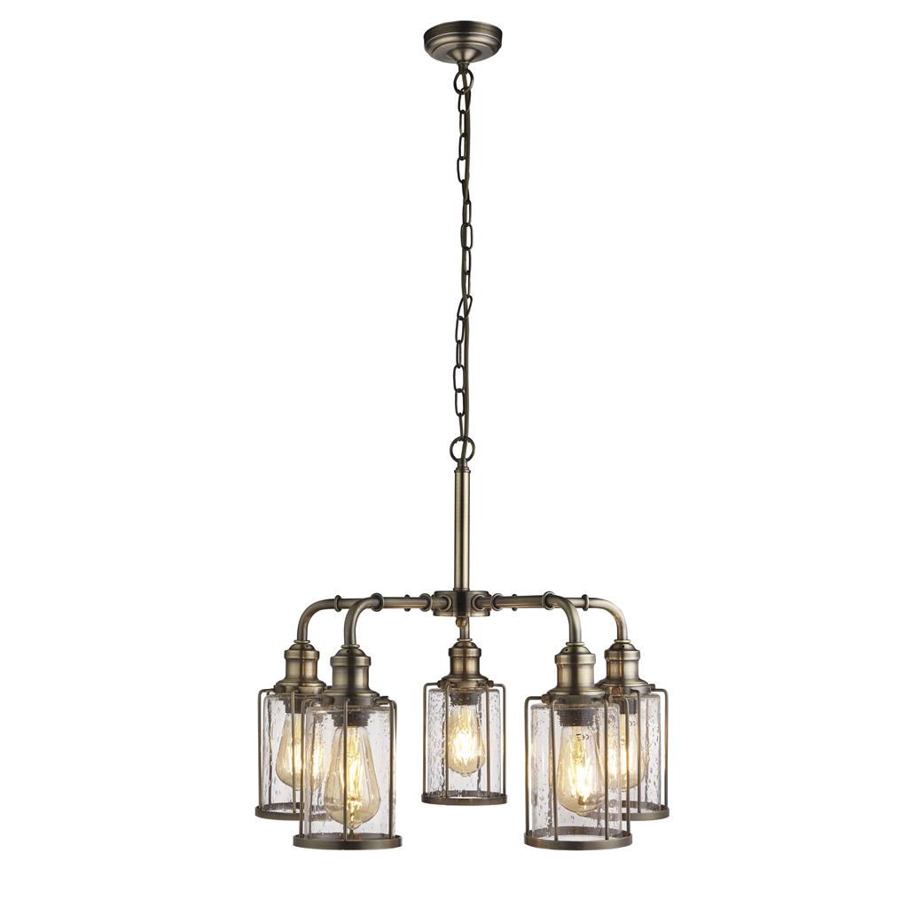 Searchlight Pipes 5Lt Pendant, Antique Brass With Seeded Glass 1265-5Ab