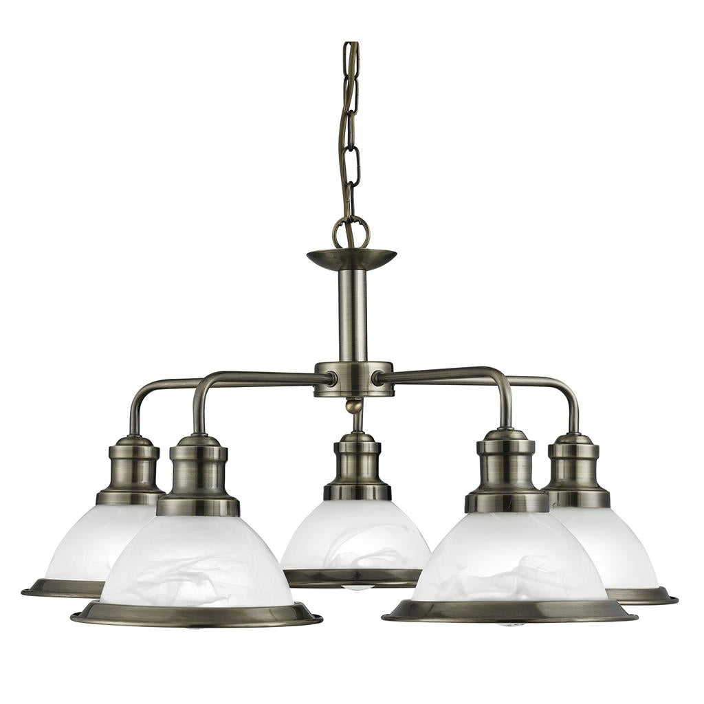 Searchlight Bistro - 5Lt Ceiling, Antique Brass, Marble Glass 1595-5Ab