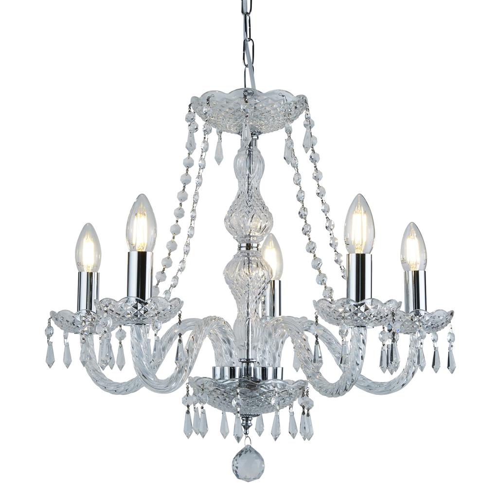 Searchlight Hale - 5 Light Chandelier, Chrome, Clear Crystal Trimmings 215-5