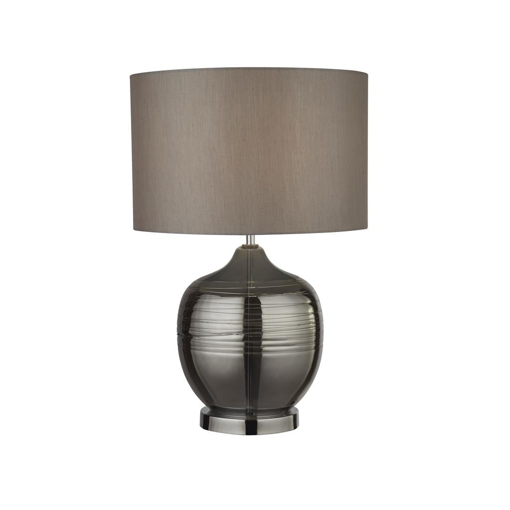 Searchlight Lydia Smoked Ridged Detail Glass Table Lamp With Grey Drum Shade 2837Sm