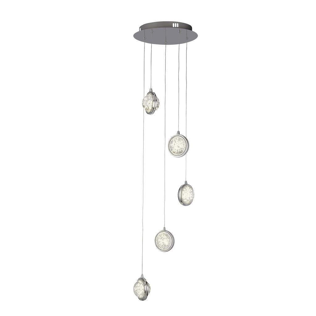 Searchlight Quartz  5Lt Multi Drop Pendant, Bubble Glass With Detailed Rim 28701-5Cc