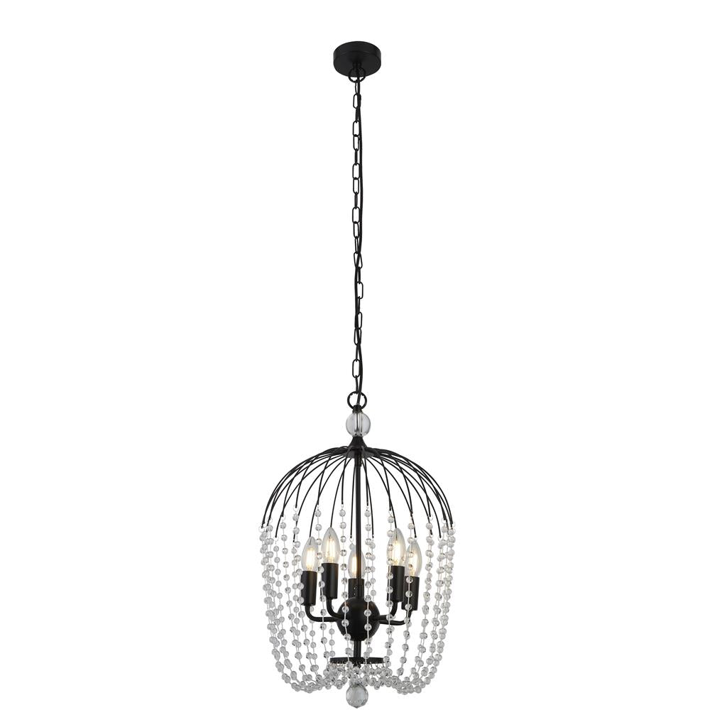 Searchlight Shower 5Lt Pendant, Black Finish, Metal With Clear Crystal 30216-5Bk