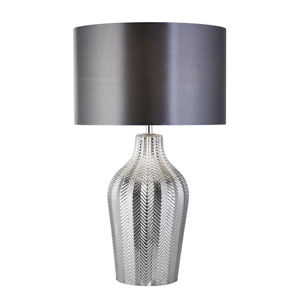 Searchlight Chevron 1Lt Table Lamp With Grey Drum Shade And Smoked Ribbed Glass Base 3452Sm