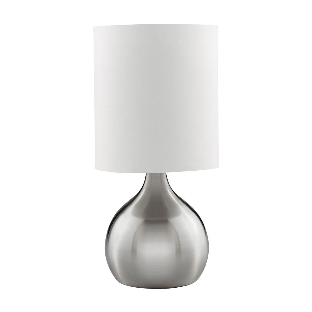 Searchlight Touch Table Lamp, Satin Silver Base, White Drum Shade 3923Ss