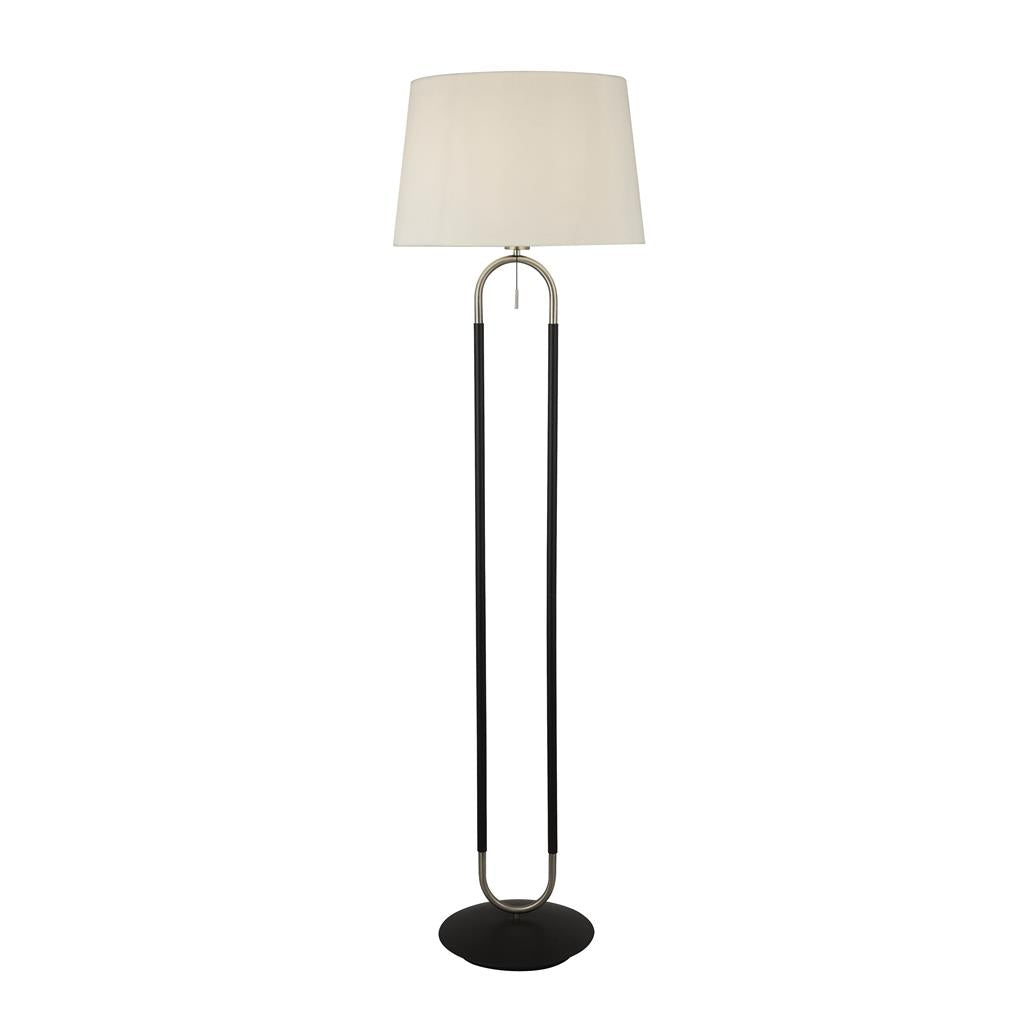 Searchlight Jazz 1Lt Floor Lamp, Satin Silver And Black, White Velvet Shade. Pull Switch 41432Ss