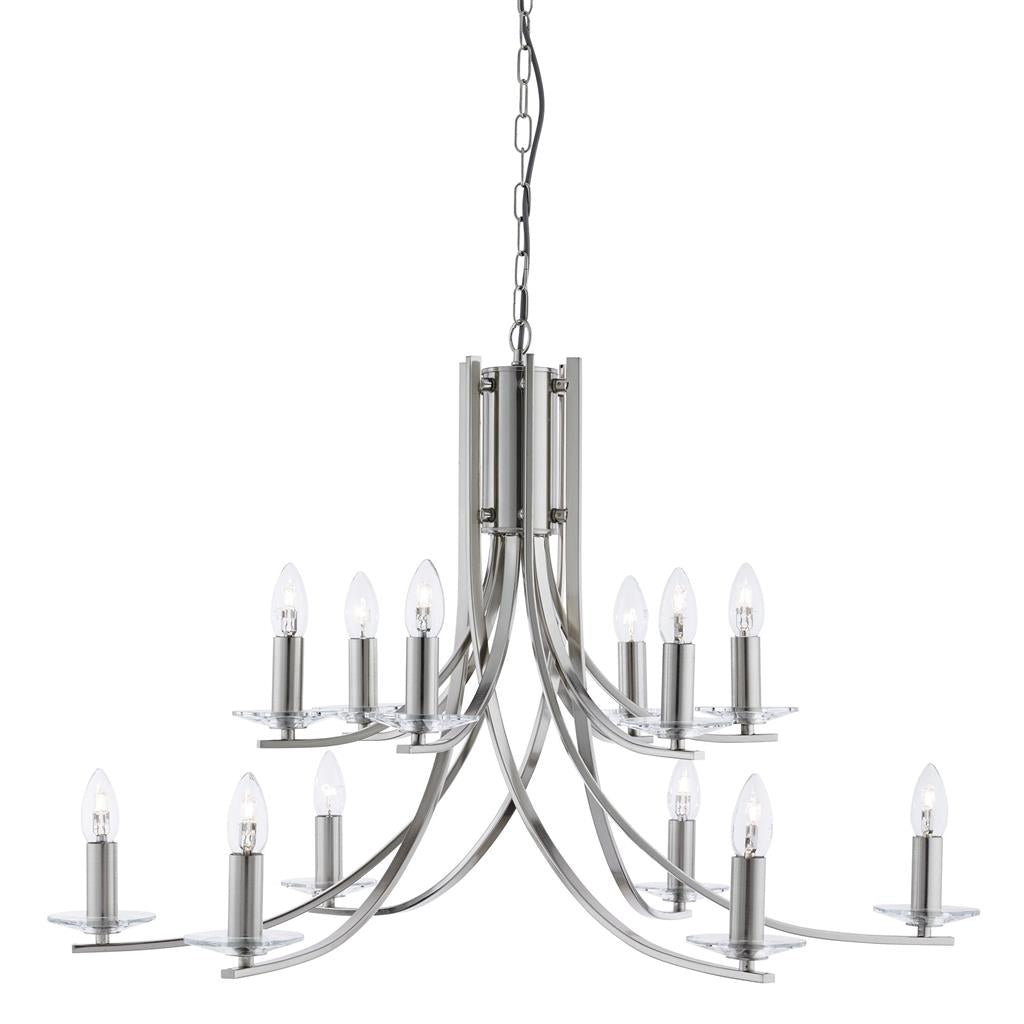 Searchlight Ascona - 12Lt Ceiling, Satin Silver Twist Frame, Clear Glass Sconces 41612-12Ss