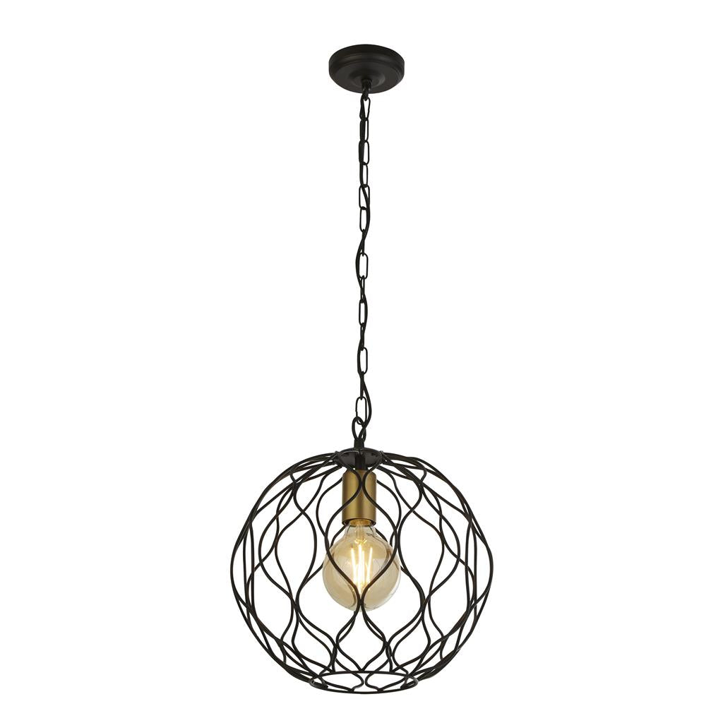 Searchlight Finesse 1Lt Round Pendant With Wavey Bar Detail - Black With Gold Lampholder 4511-1Bk