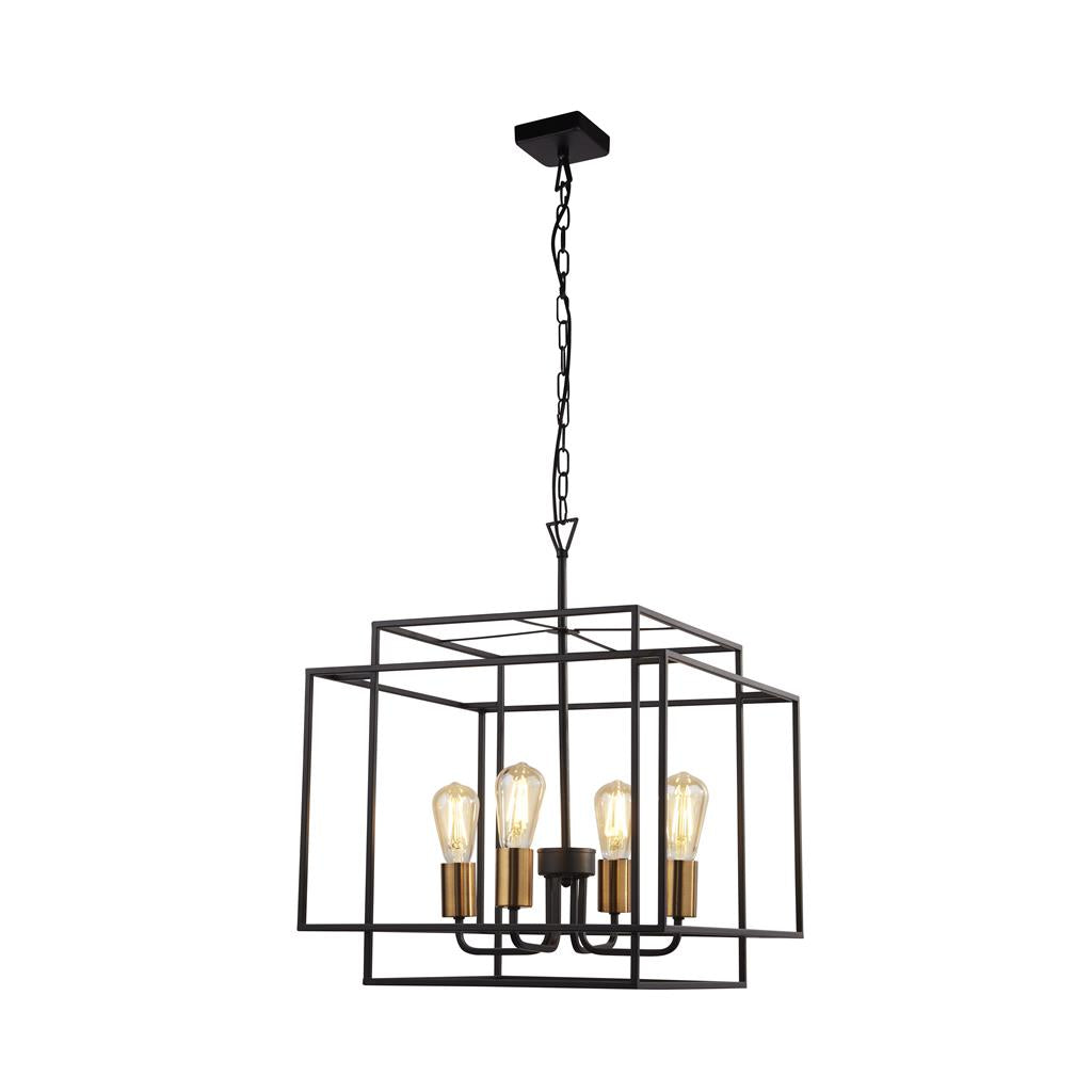 Searchlight Crate 4Lt Black Frame Pendant With Bronze Lampholders 4634Bk