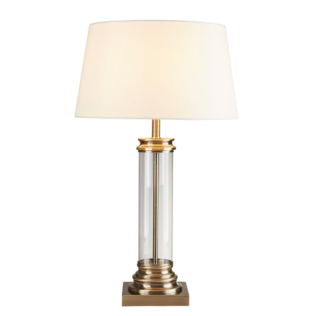 Searchlight Pedestal Table Lamp - Glass Column & Antique Brass Base, Cream Shade 5141Ab
