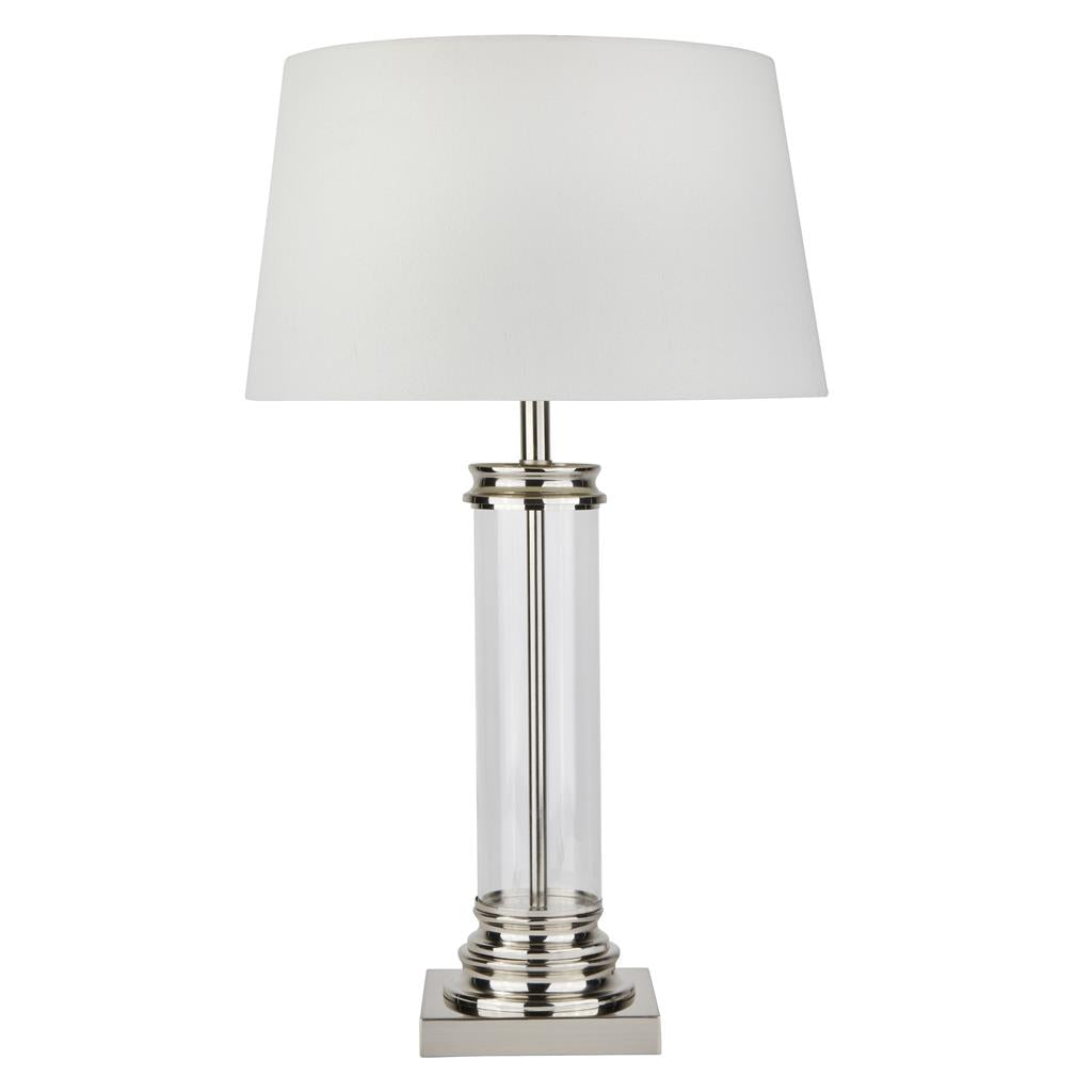 Searchlight Pedestal Table Lamp - Glass Column & Satin Silver Base, Cream Shade 5141Ss