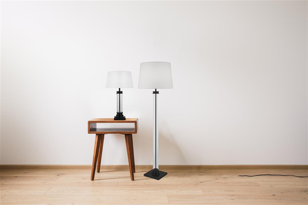 Searchlight Pedestal Floor Lamp - Glass Column & Black Base, White Shade 5142Bk