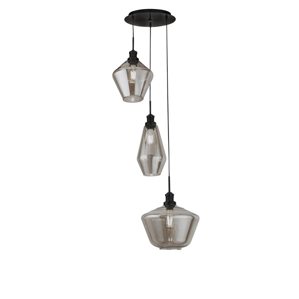 Searchlight Mia 3Lt Multi Drop Pendant With 3 Styles Of Smoked Glass 5423-3Bk