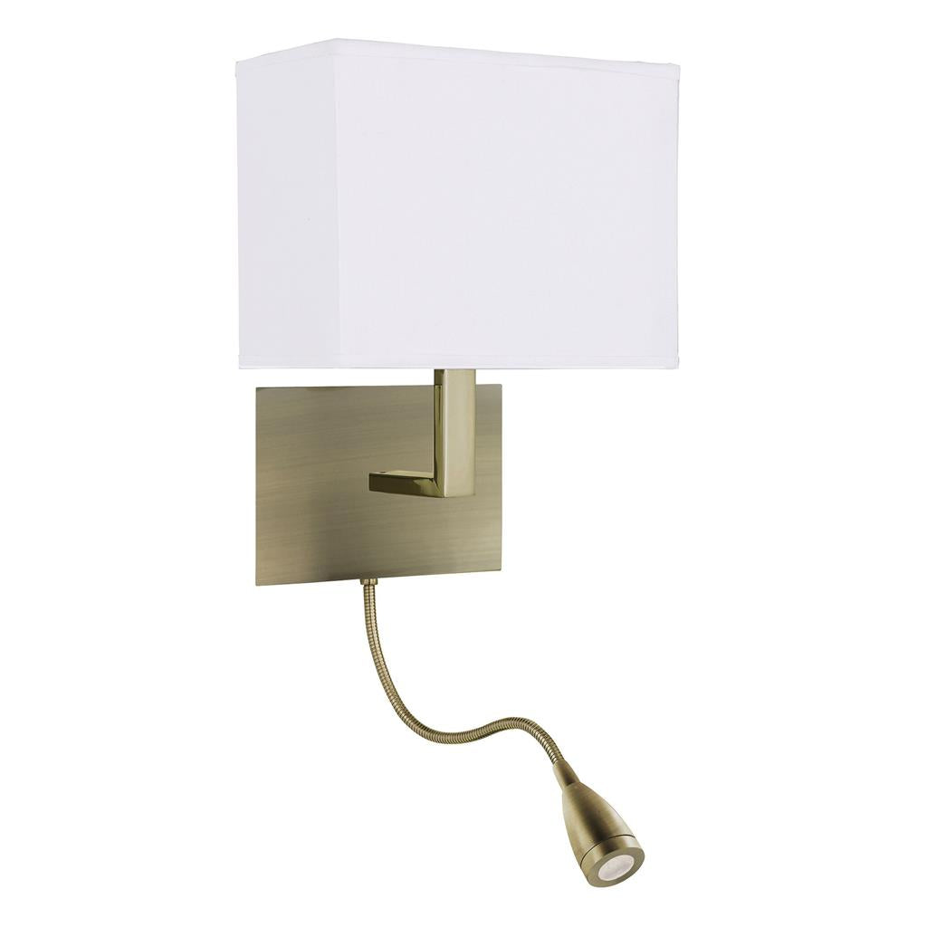 Searchlight Hotel Wall Light Adjustable  - 2Lt W/Bracket, Led Flexi Arm, Antique Brass, White Shade 6519Ab