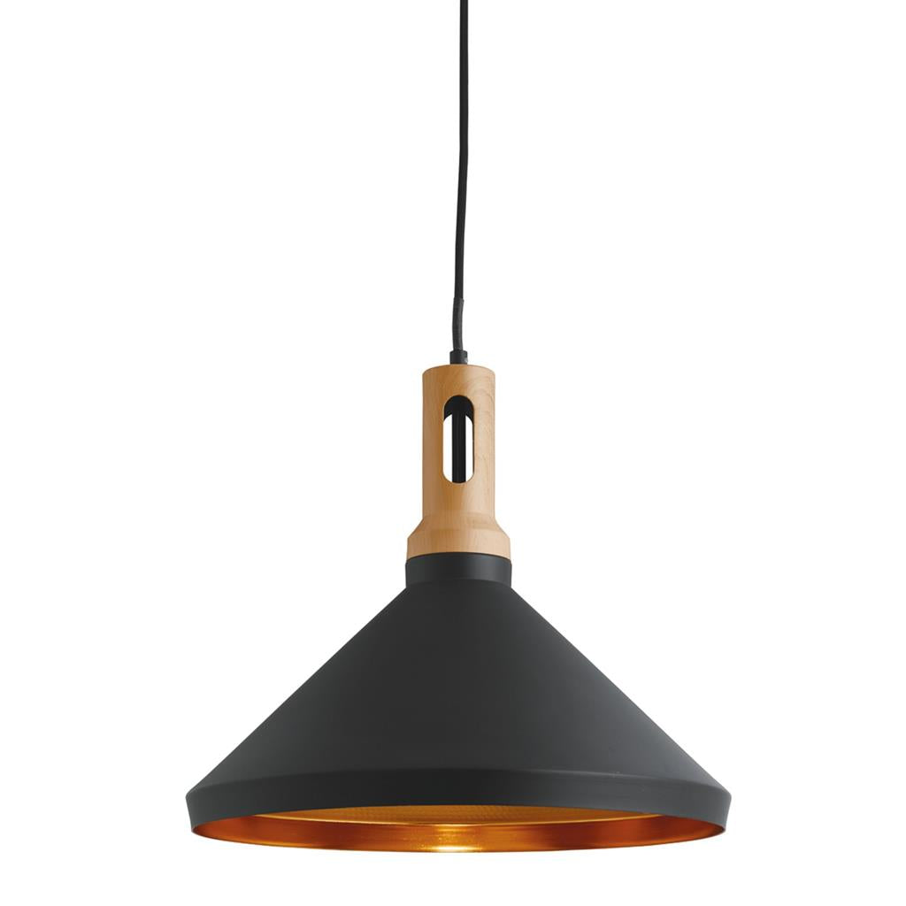 Searchlight Wong Pendant ,1Lt Cone, Gold Inner, Black Outer, Wood Effect Cap 7051Bk