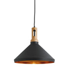 Searchlight Wong Pendant ,1Lt Cone, Gold Inner, Black Outer, Wood Effect Cap 7051Bk