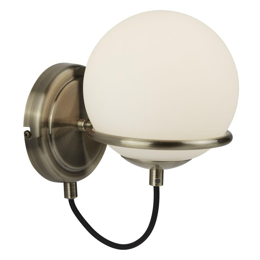 Searchlight Sphere 1Lt Wall Bracket, Antique Brass, Black Braided Cable, Opal White Glass Shades 7091Ab