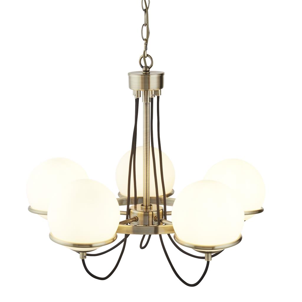 Searchlight Sphere 5Lt Ceiling, Antique Brass, Black Braided Cable, Opal White Glass Shades 7095-5Ab