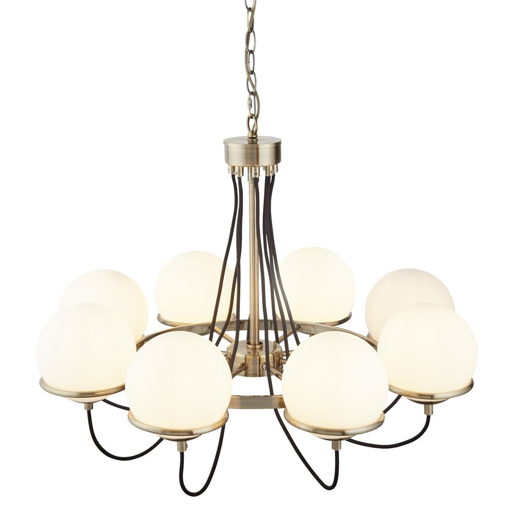 Searchlight Sphere 8Lt Ceiling, Antique Brass, Black Braided Cable, Opal White Glass Shades 7098-8Ab