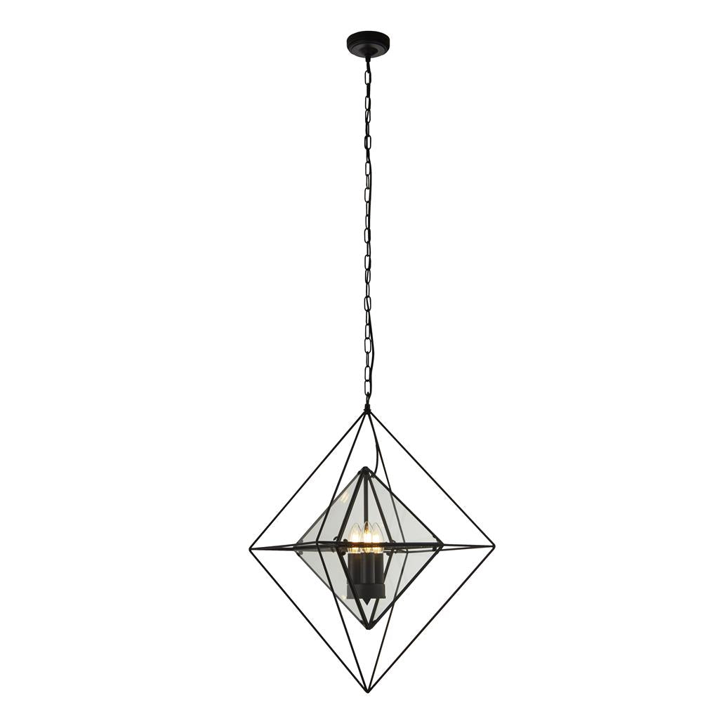 Searchlight Diamond 3Lt Pendant - Black With Clear Glass Panels 7323-3Bk