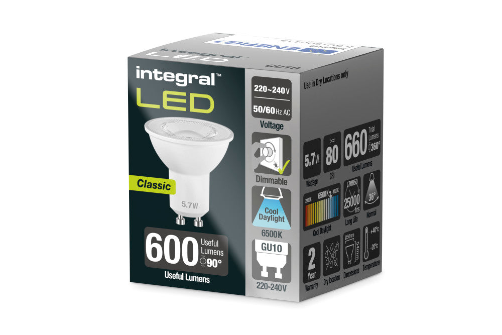 GU10 LED Lamp 660LM 5.7W Day Light 6500K DIMMABLE 36 BEAM INTEGRAL ILGU10DG119