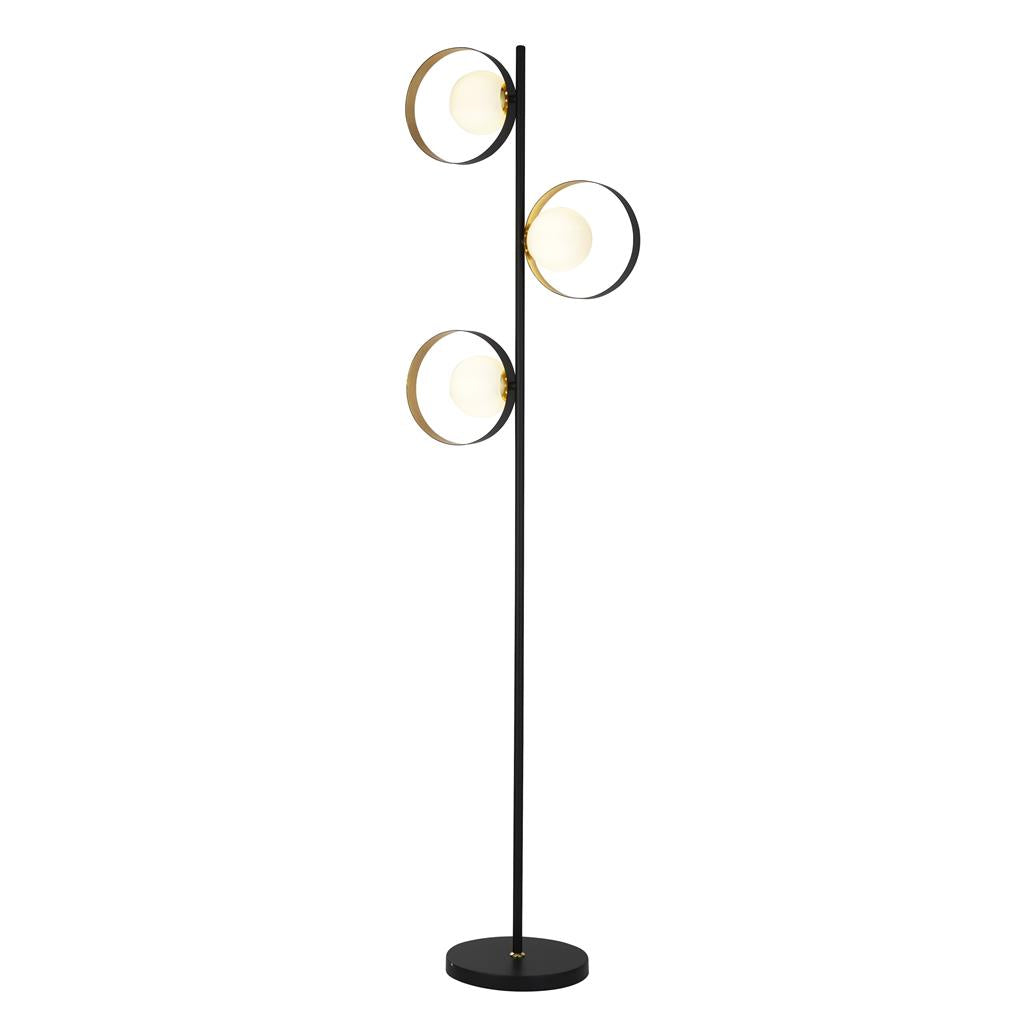 Searchlight Orbital 3Lt Matt Black And Gold Leaf Floor Light With Opal Glass 8143Bgo