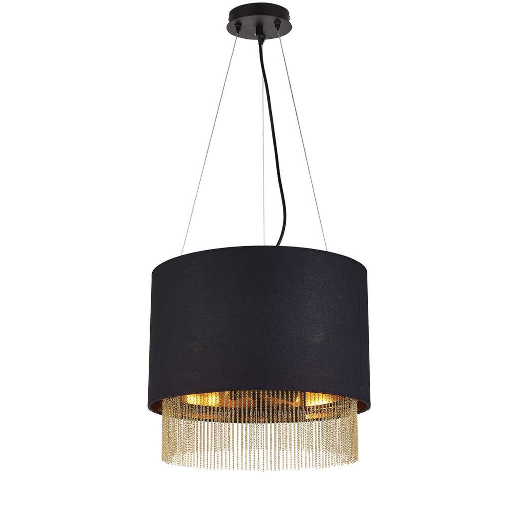 Searchlight Fringe 3Lt Pendant, Black Shade With Gold Chain 8723-3Bk