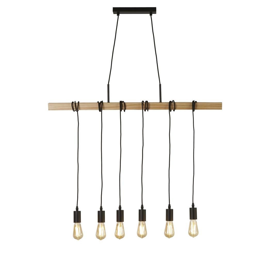 Searchlight Woody 6Lt Pendant, Black And Ash Wood 95041-6Br