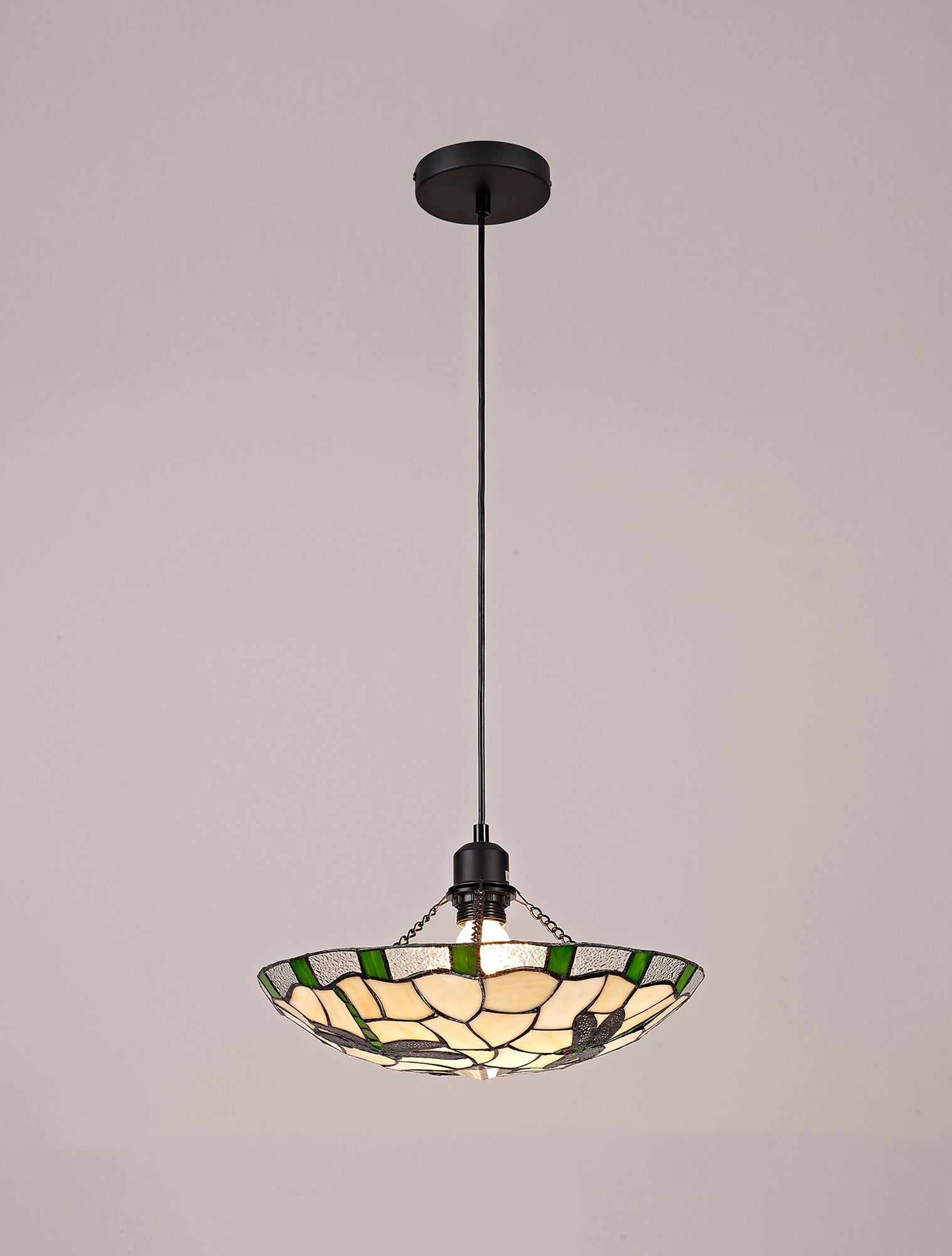Adena 1 Light Pendant E27 With 35cm Tiffany Shade, Green/ Cream/Clear Crystal/Black