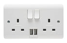 Crabtree Instinct 13A 2-Gang DP Switched Socket + 2.1A 2-Outlet Type A USB Charger White