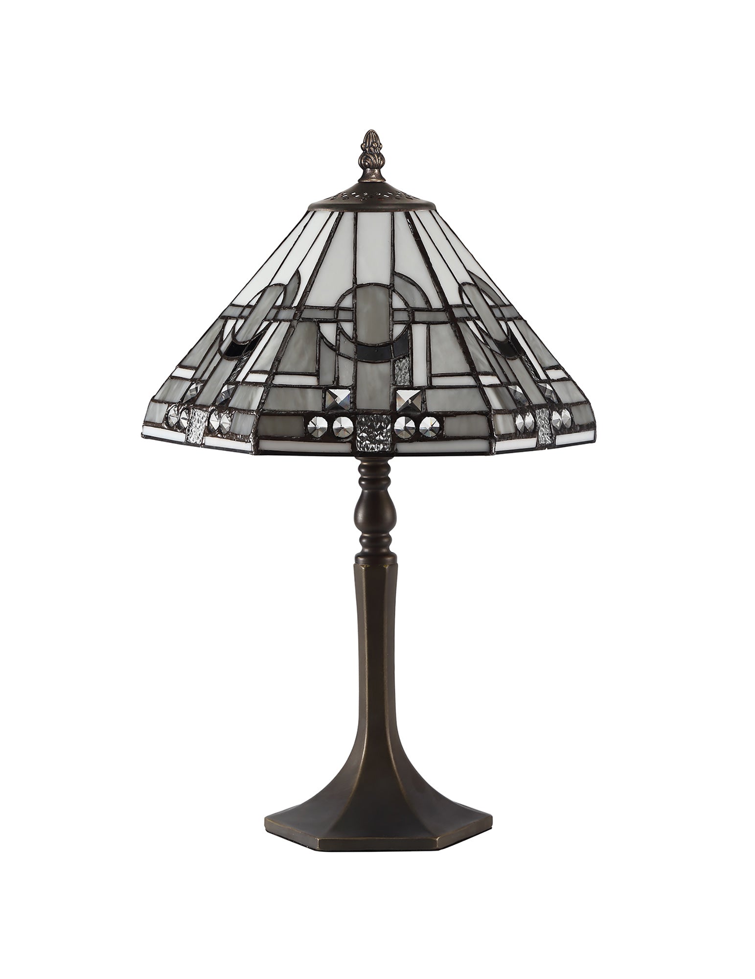 Atek 1 Light Octagonal Table Lamp E27 With 30cm Tiffany Shade, White/Grey/Black/Clear Crystal/Aged Antique Brass