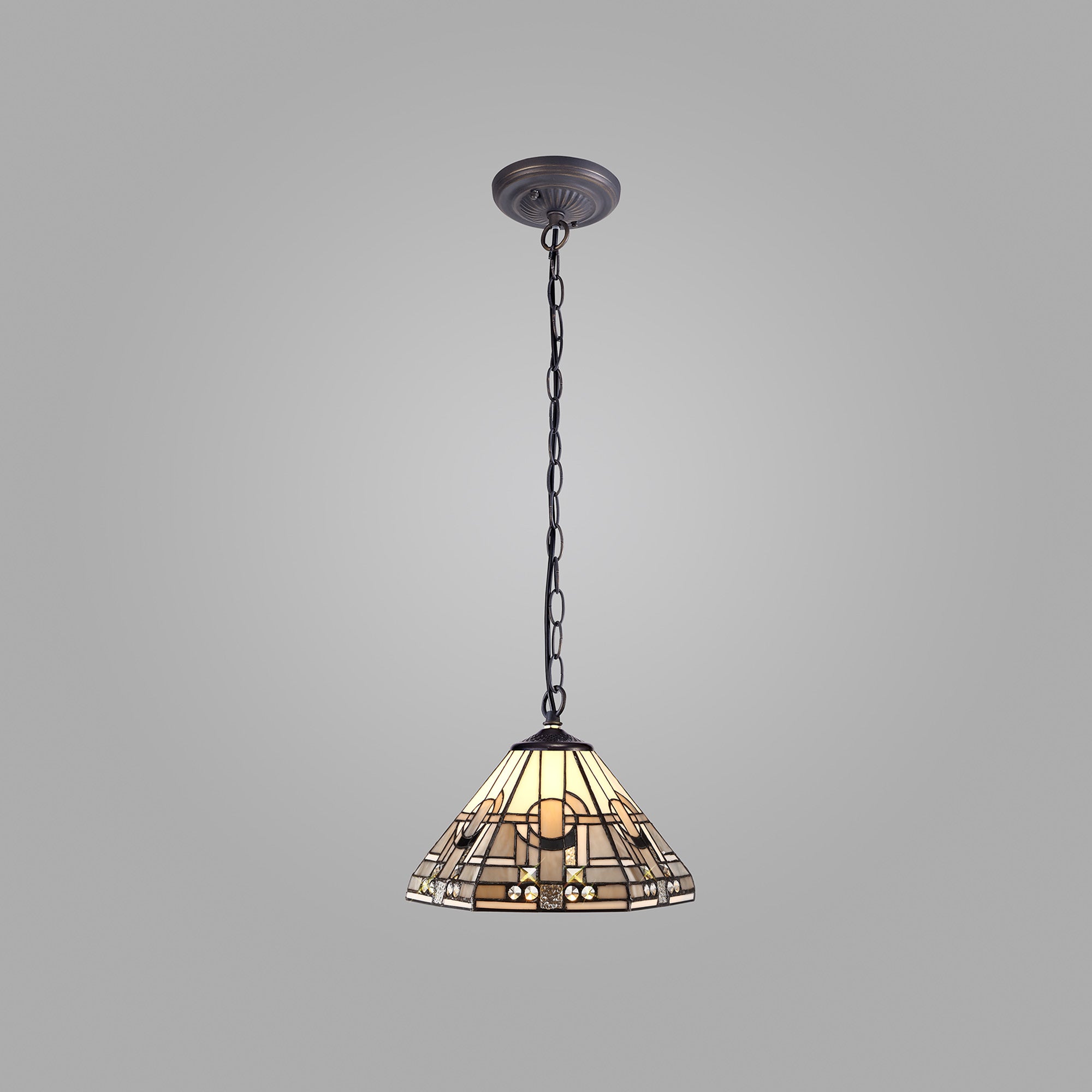 Atek 1 Light Downlighter Pendant E27 With 30cm Tiffany Shade, White/Grey/Black/Clear Crystal/Aged Antique Brass