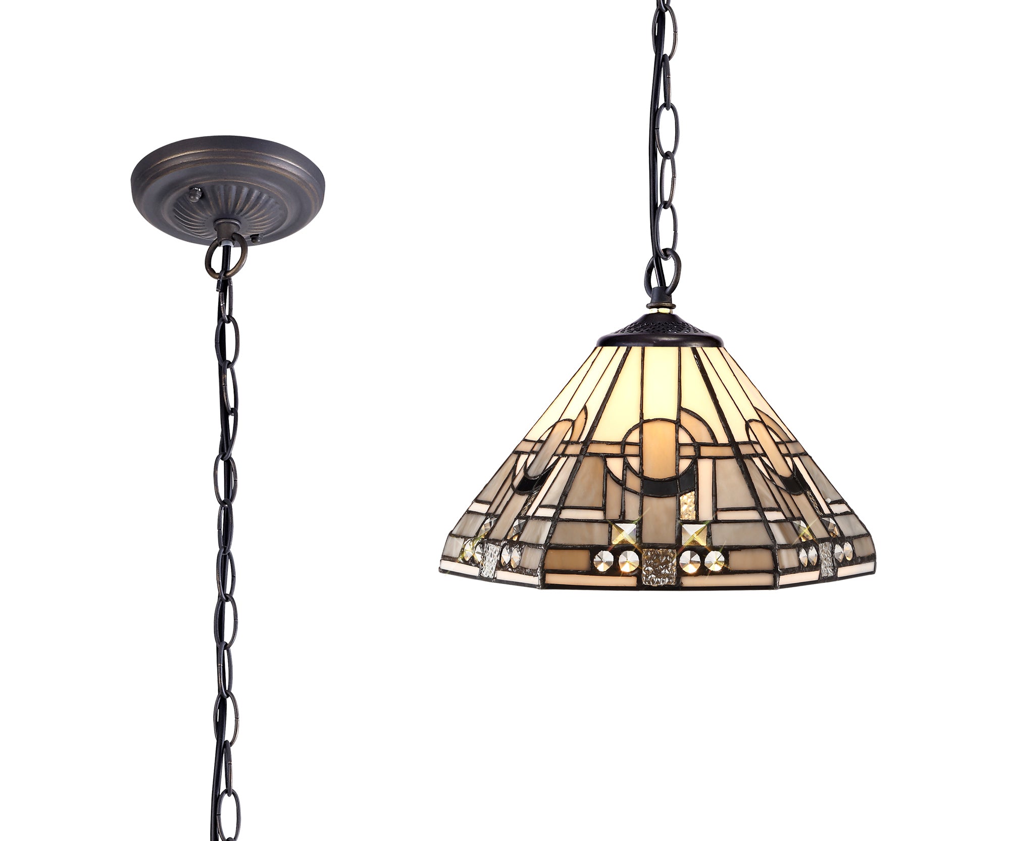 Atek 1 Light Downlighter Pendant E27 With 30cm Tiffany Shade, White/Grey/Black/Clear Crystal/Aged Antique Brass