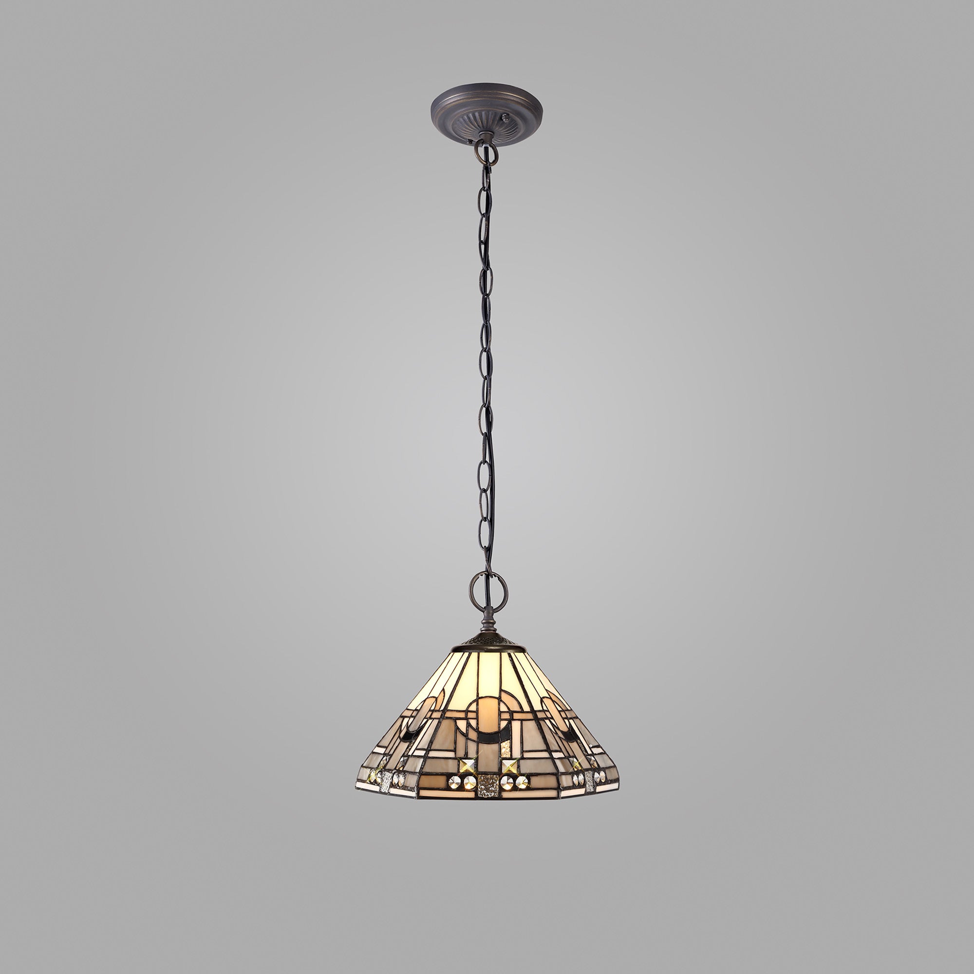 Atek 2 Light Downlighter Pendant E27 With 30cm Tiffany Shade, White/Grey/Black/Clear Crystal/Aged Antique Brass