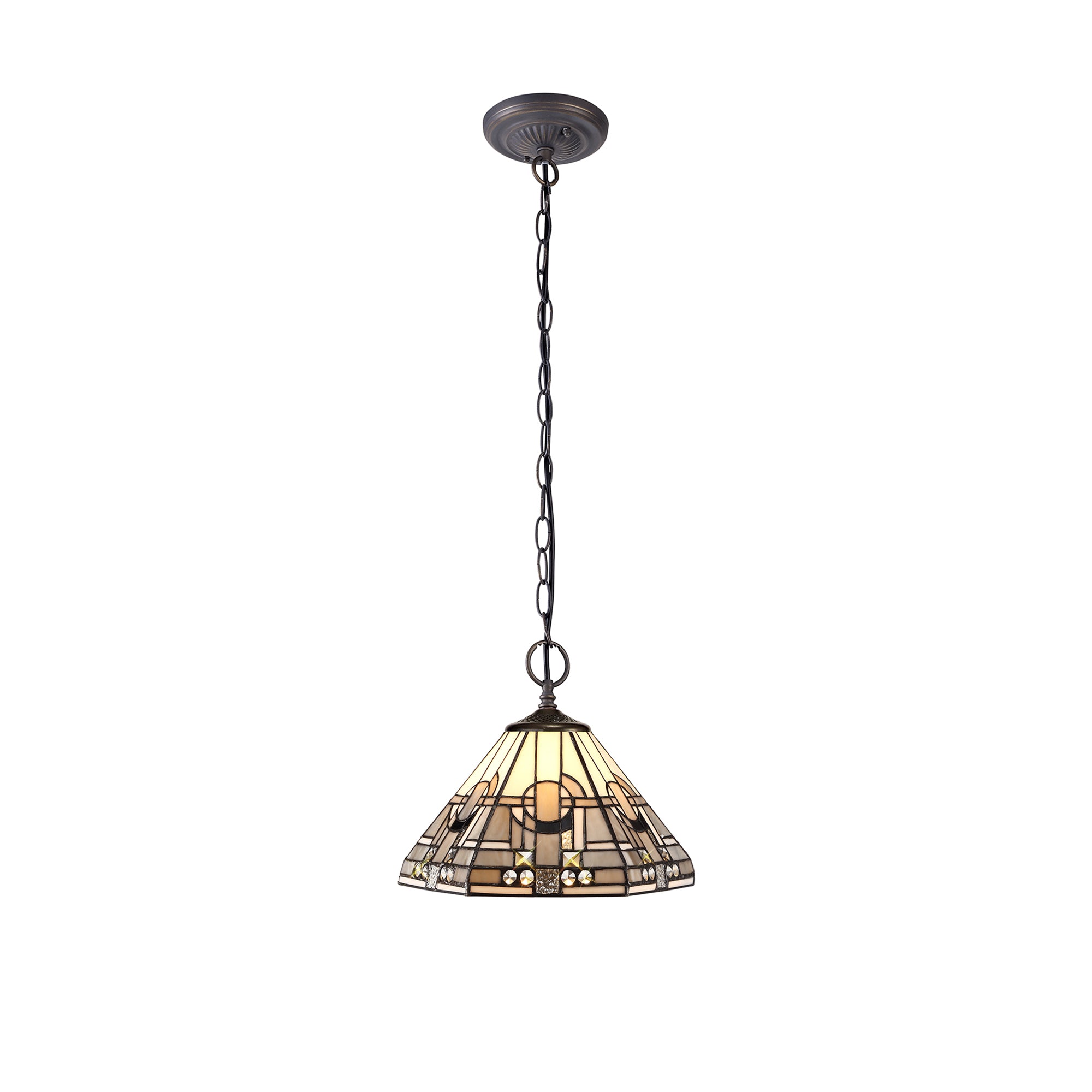 Atek 2 Light Downlighter Pendant E27 With 30cm Tiffany Shade, White/Grey/Black/Clear Crystal/Aged Antique Brass