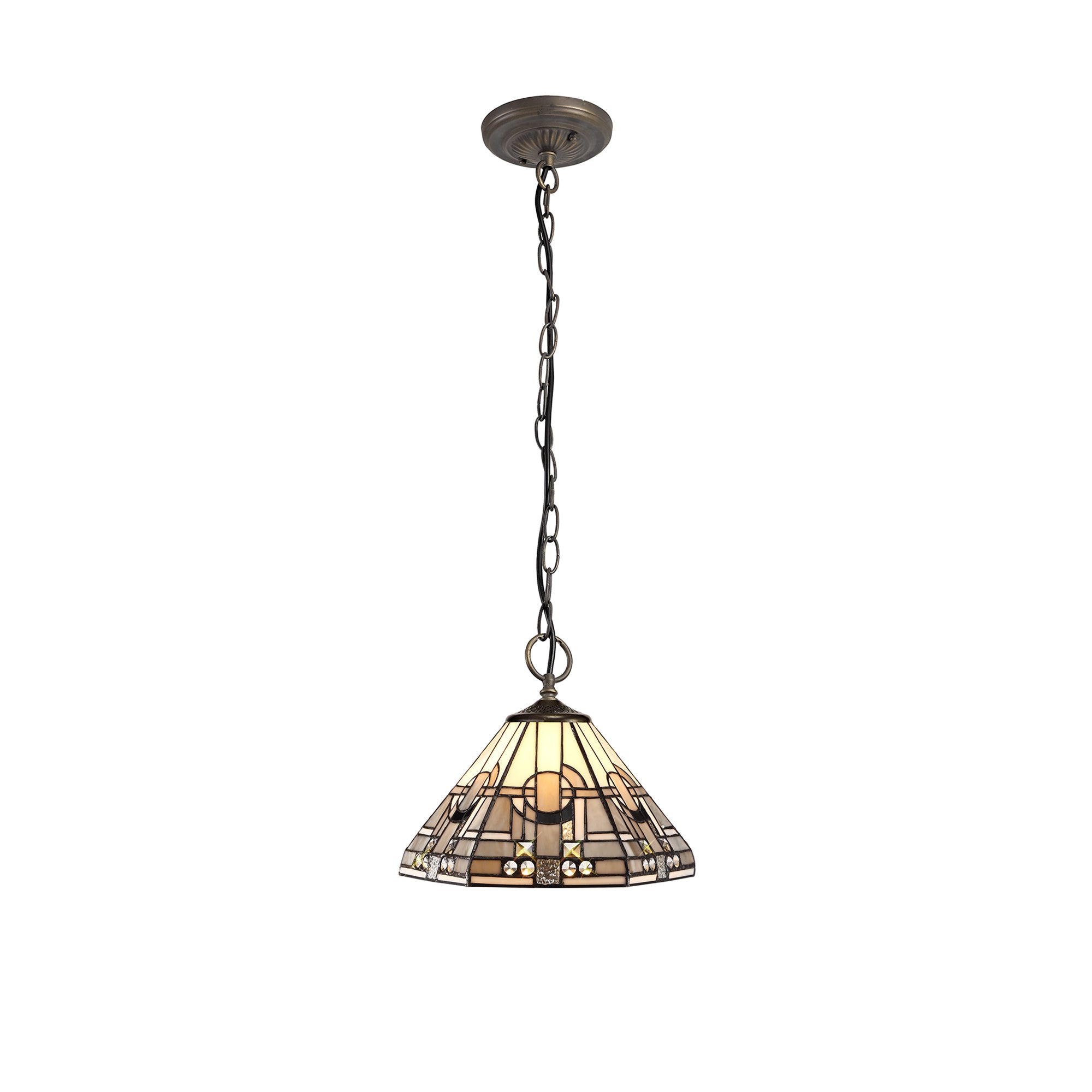 Atek 3 Light Downlighter Pendant E27 With 30cm Tiffany Shade, White/Grey/Black/Clear Crystal/Aged Antique Brass