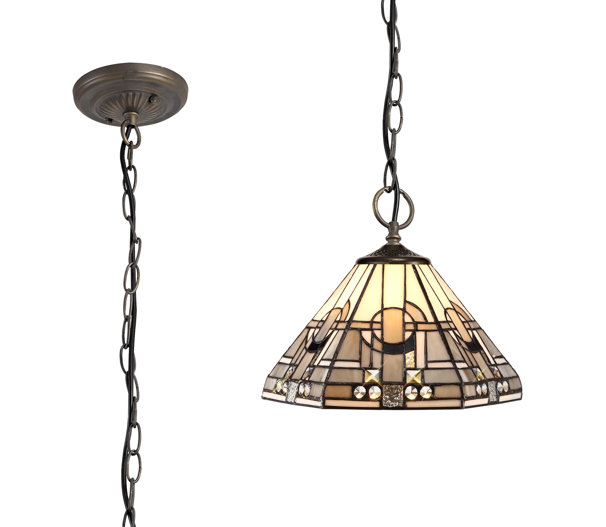 Atek tiffany  3 Light Downlighter Pendant E27 With 30cm Tiffany Shade, White/Grey/Black/Clear Crystal/Aged Antique Brass