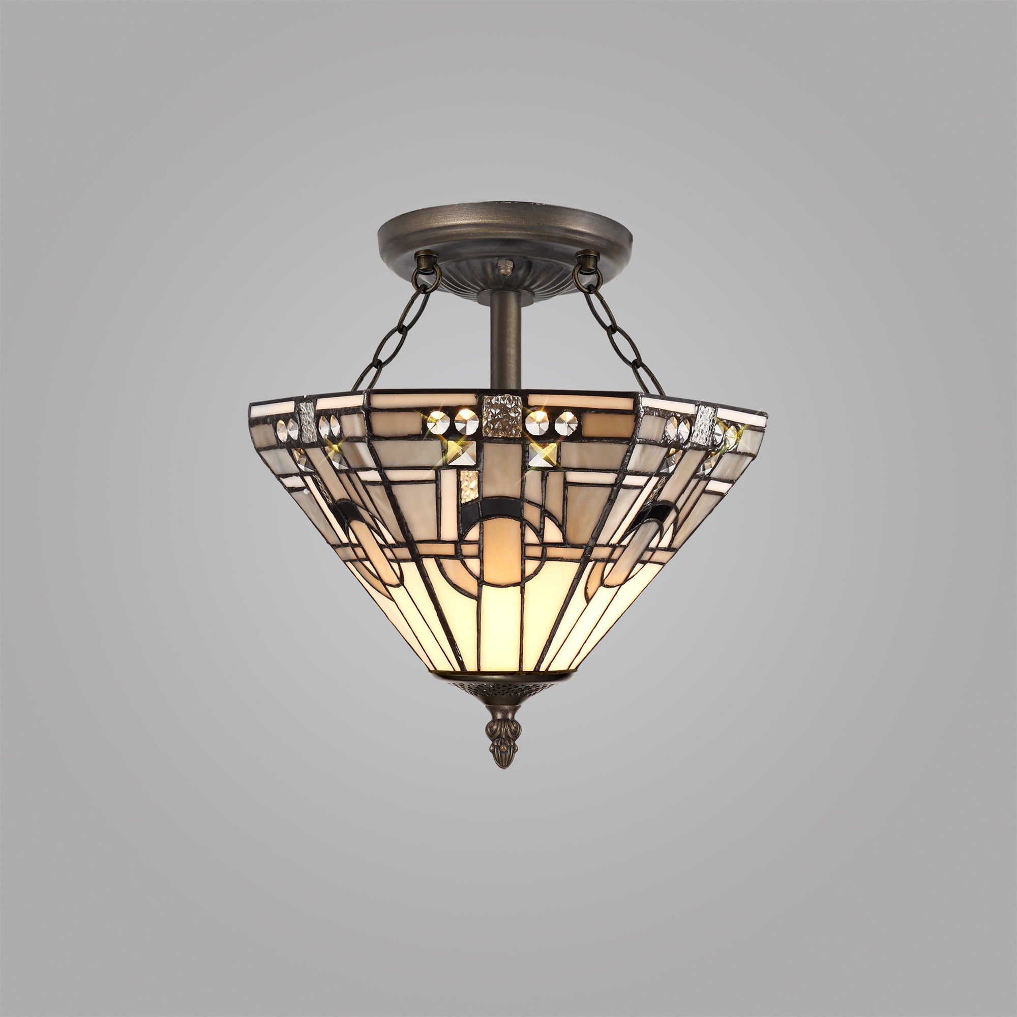 Atek 2 Light E27 Semi Ceiling With Tiffany Shade 30cm Shade, White/Grey/Black/Clear Crystal/Aged Antique Brass