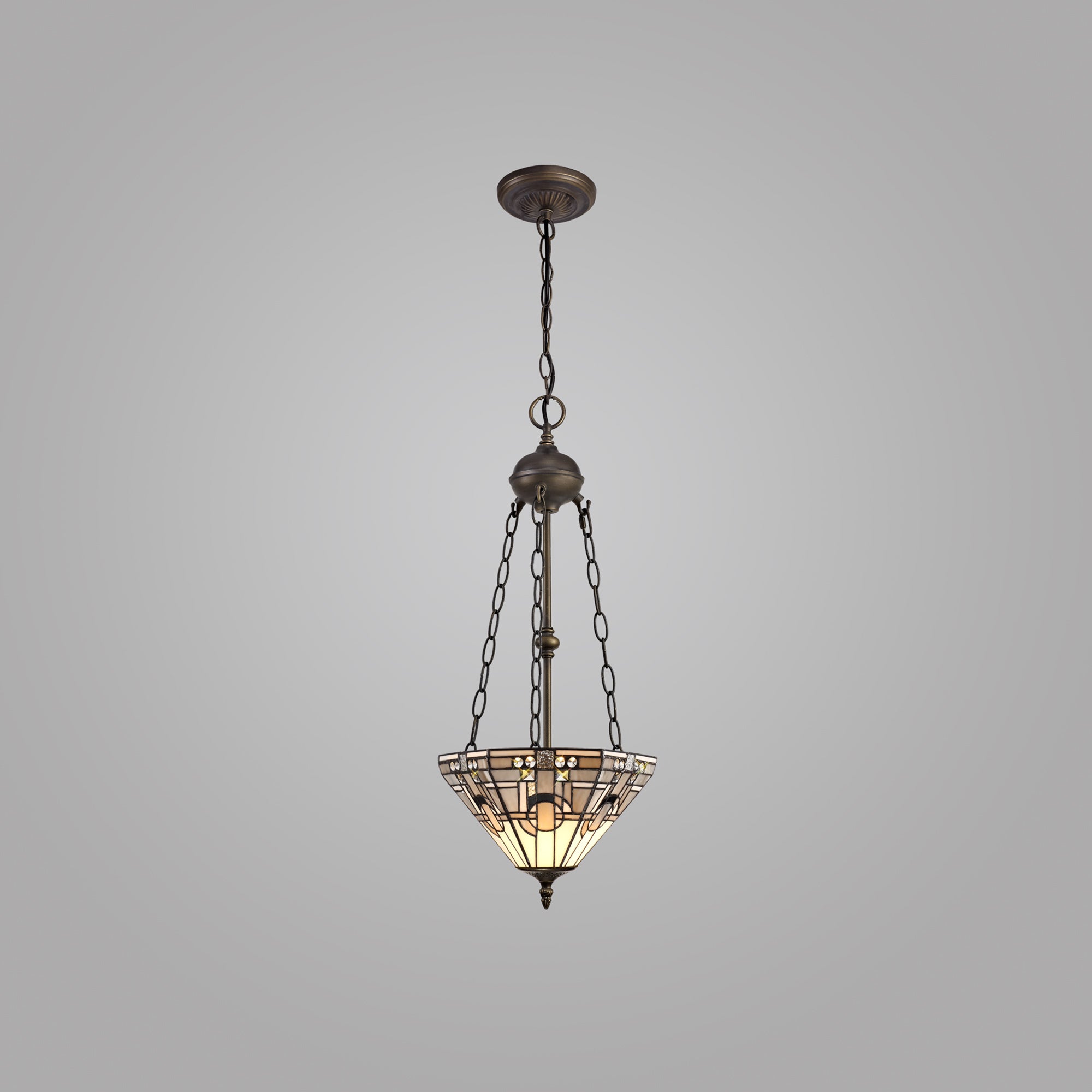 Atek 2 Light Uplighter Pendant E27 With 30cm Tiffany Shade, White/Grey/Black/Clear Crystal/Aged Antique Brass