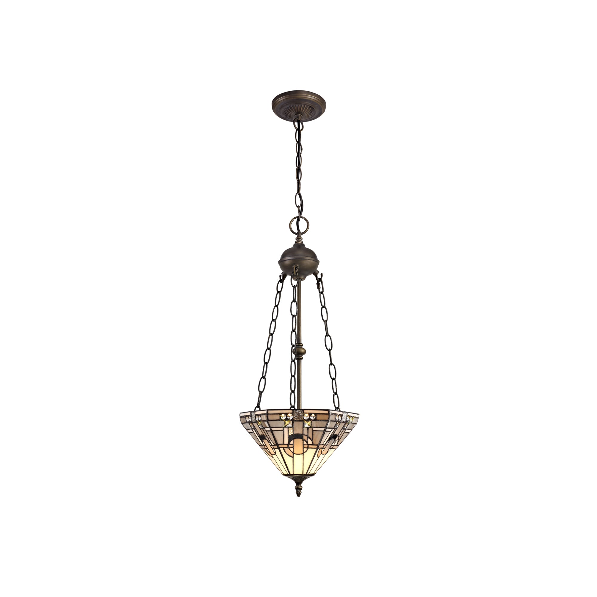 Atek 2 Light tiffany Uplighter Pendant E27 With 30cm Tiffany Shade, White/Grey/Black/Clear Crystal/Aged Antique Brass