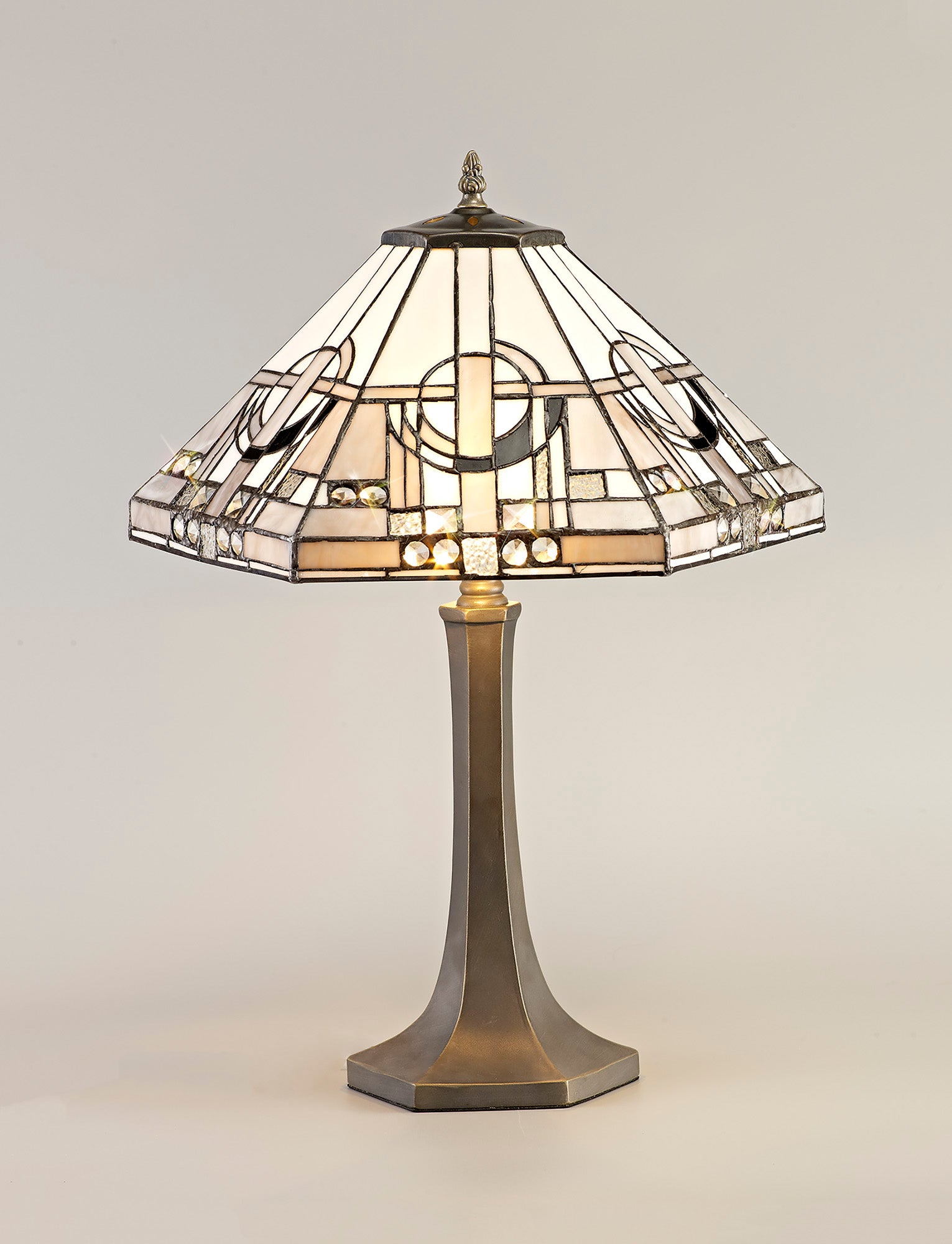 Atek 2 Light Octagonal Table Lamp E27 With 40cm Tiffany Shade, White/Grey/Black/Clear Crystal/Aged Antique Brass