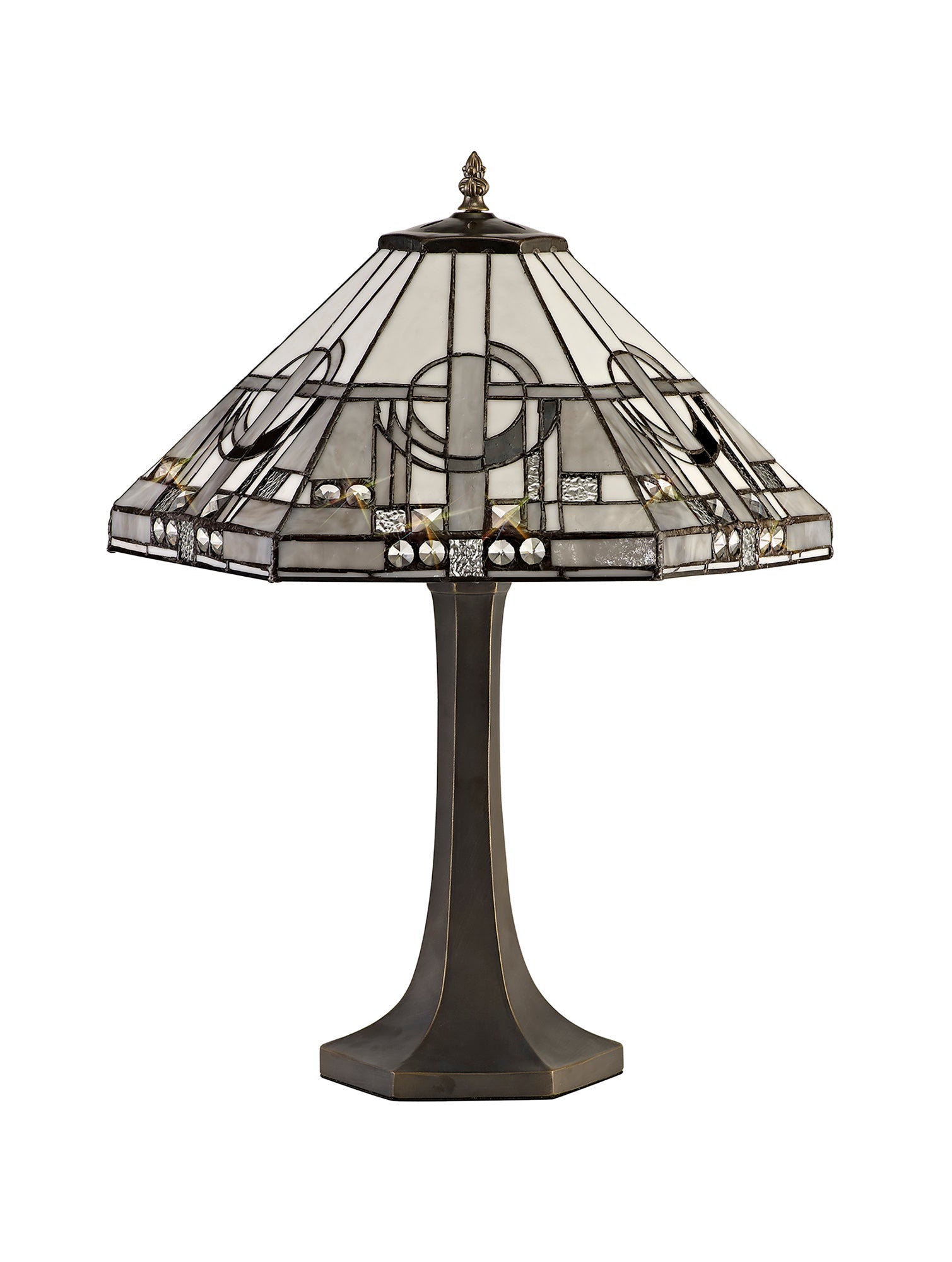 Atek 2 Light Octagonal Table Lamp E27 With 40cm Tiffany Shade, White/Grey/Black/Clear Crystal/Aged Antique Brass