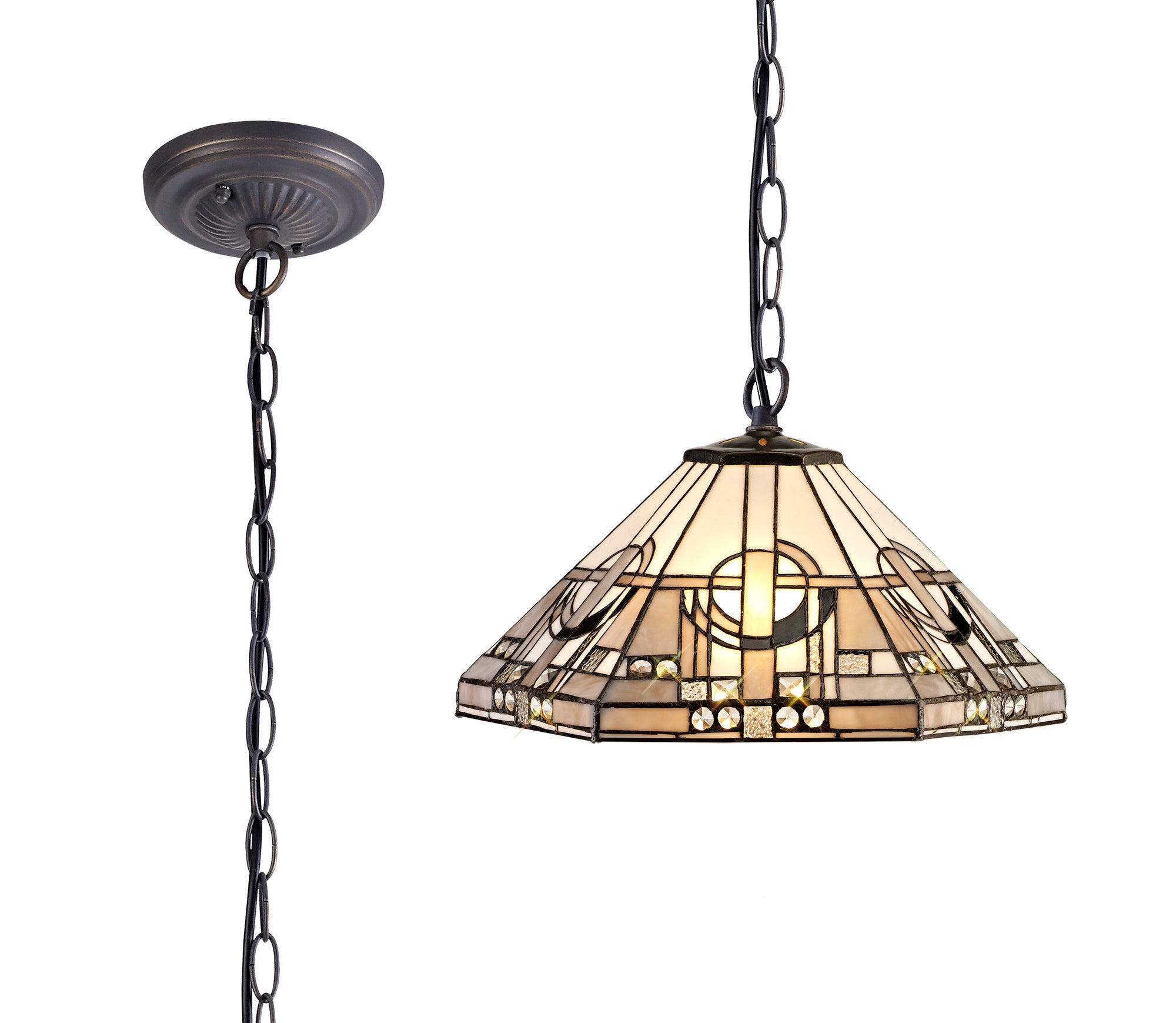 Atek 1 Light Downlighter Pendant E27 With 40cm Tiffany Shade, White/Grey/Black/Clear Crystal/Aged Antique Brass