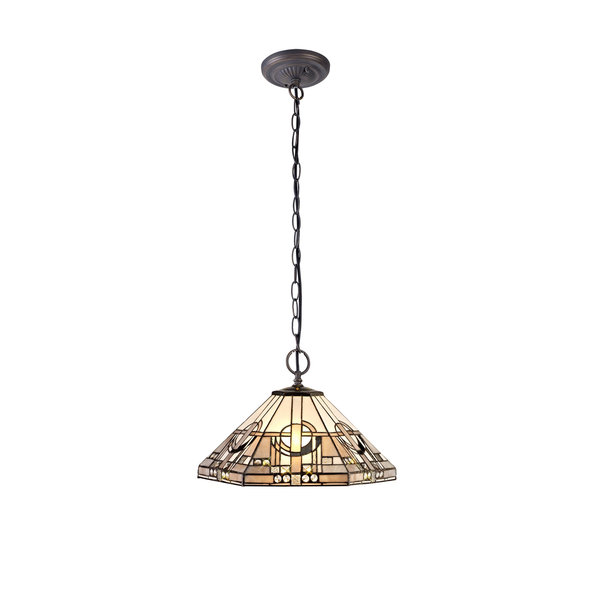 Atek 2 Light Downlighter Pendant E27 With 40cm Tiffany Shade, White/Grey/Black/Clear Crystal/Aged Antique Brass