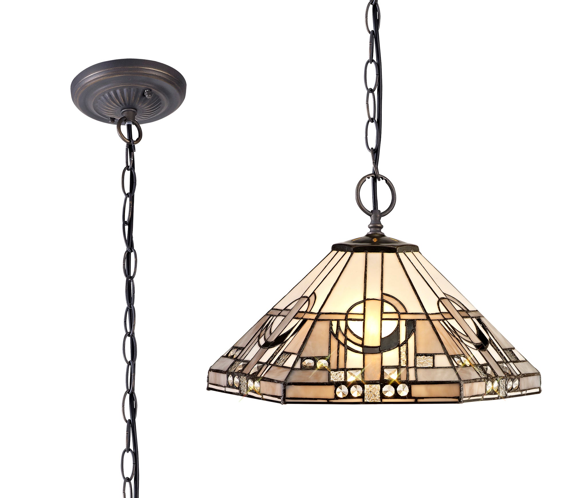 Atek 2 Light Downlighter Pendant E27 With 40cm Tiffany Shade, White/Grey/Black/Clear Crystal/Aged Antique Brass