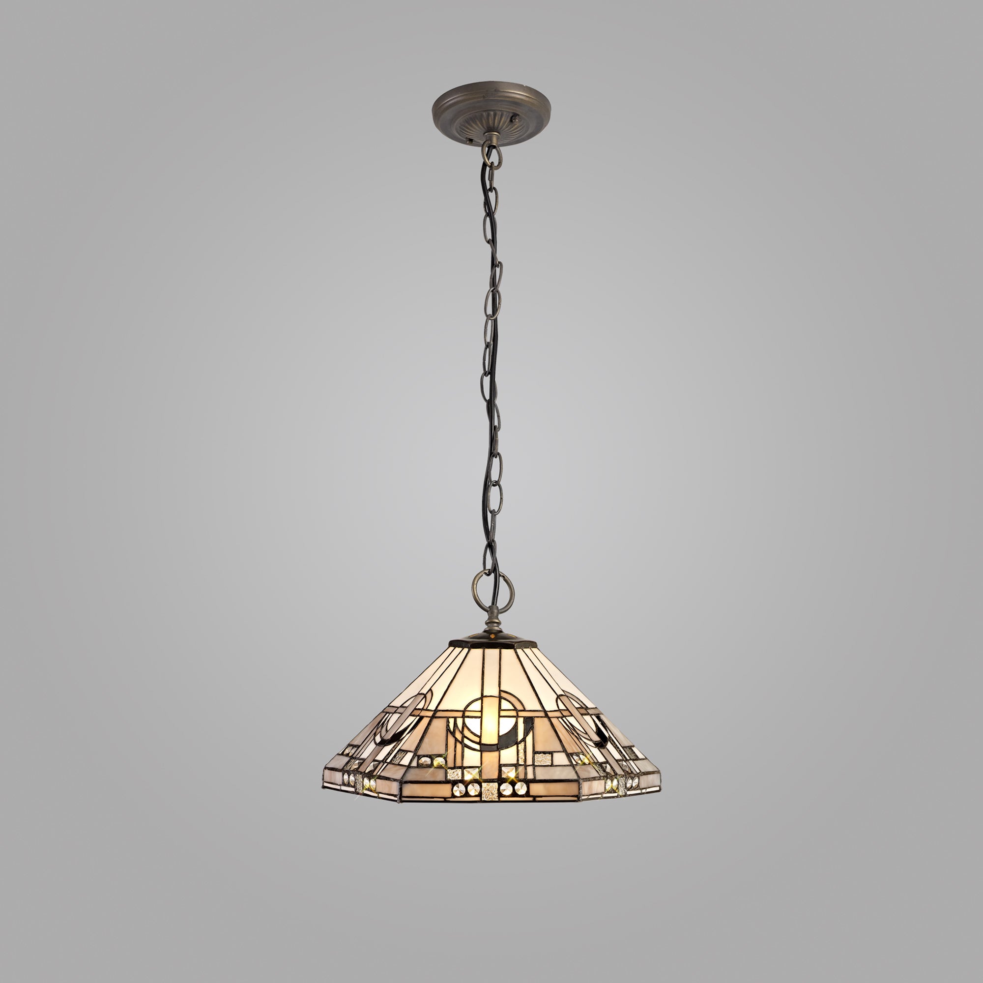 Atek 3 Light Downlighter Pendant E27 With 40cm Tiffany Shade, White/Grey/Black/Clear Crystal/Aged Antique Brass