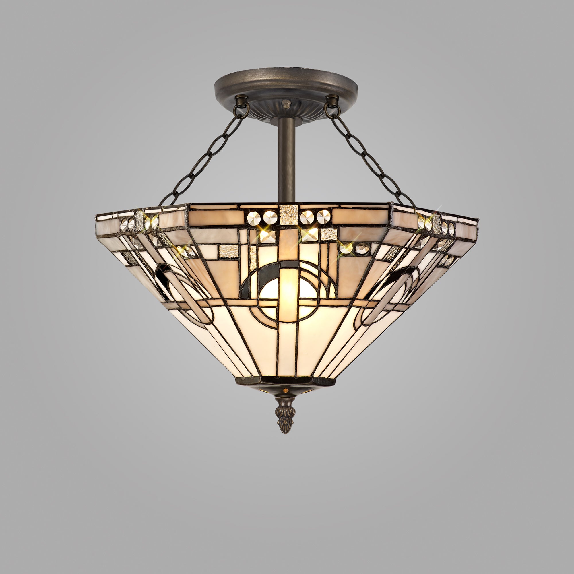 Atek 3 Light E27 Semi Ceiling With Tiffany Shade 40cm Shade, White/Grey/Black/Clear Crystal/Aged Antique Brass