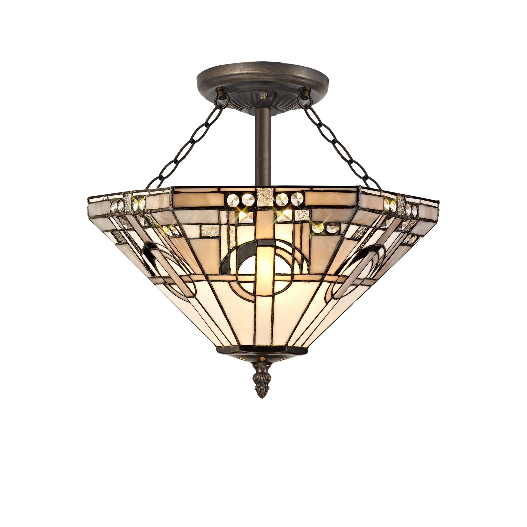 Atek 3 Light E27 Semi Ceiling With Tiffany Shade 40cm Shade, White/Grey/Black/Clear Crystal/Aged Antique Brass