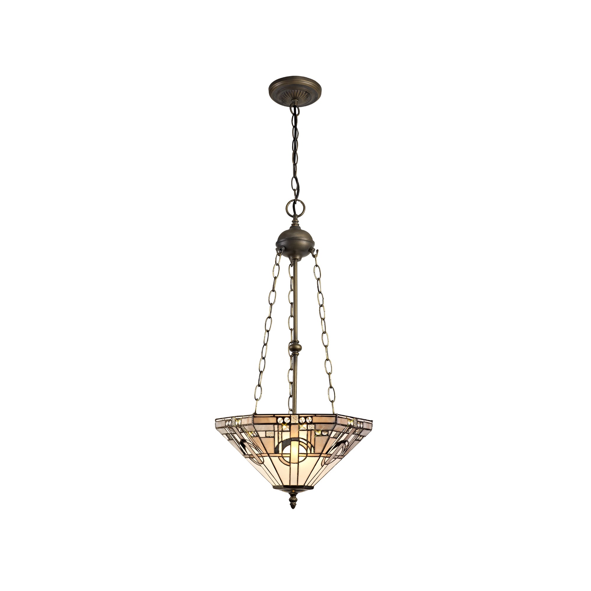 Atek 3 Light Uplighter Pendant E27 With 40cm Tiffany Shade, White/Grey/Black/Clear Crystal/Aged Antique Brass