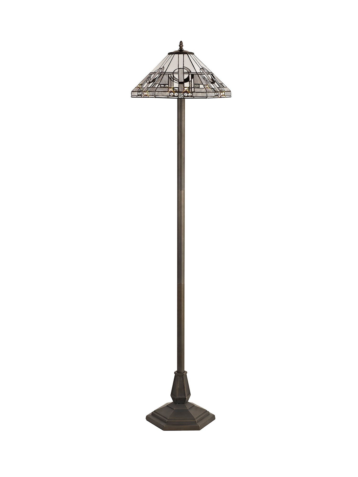 Atek 2 Light Octagonal Floor Lamp E27 With 40cm Tiffany Shade, White/Grey/Black/Clear Crystal/Aged Antique Brass
