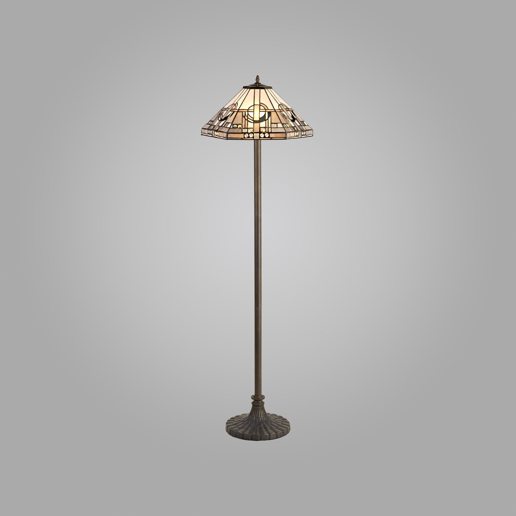 Atek 2 Light Stepped Design Floor Lamp E27 With 40cm Tiffany Shade, White/Grey/Black/Clear Crystal/Aged Antique Brass